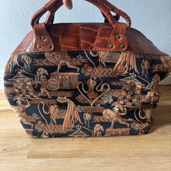 Vintage Etrusco Italy Canvas Leather Large Travel Bag Top Handle Shoulder Strap - Picture 2 of 7